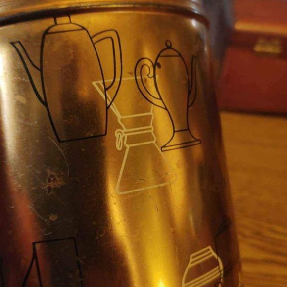 Vintage MCM Copper Coffee Tin Storage Container W/ Lid Graphic Print Pots - Picture 6 of 14